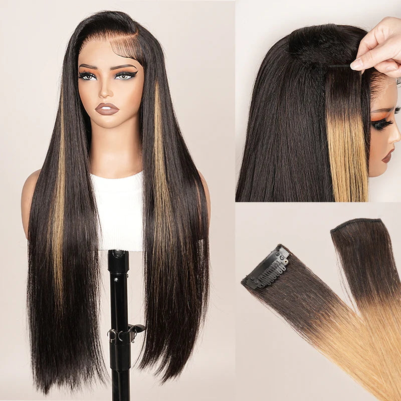 Peluca de cabello humano 100 % liso con encaje frontal, color marrón ombré, raíz oscura, sin pegamento, con envío rápido en 24 horas - Peluca de cabello humano transparente con encaje frontal/cierre - Amanda Hair