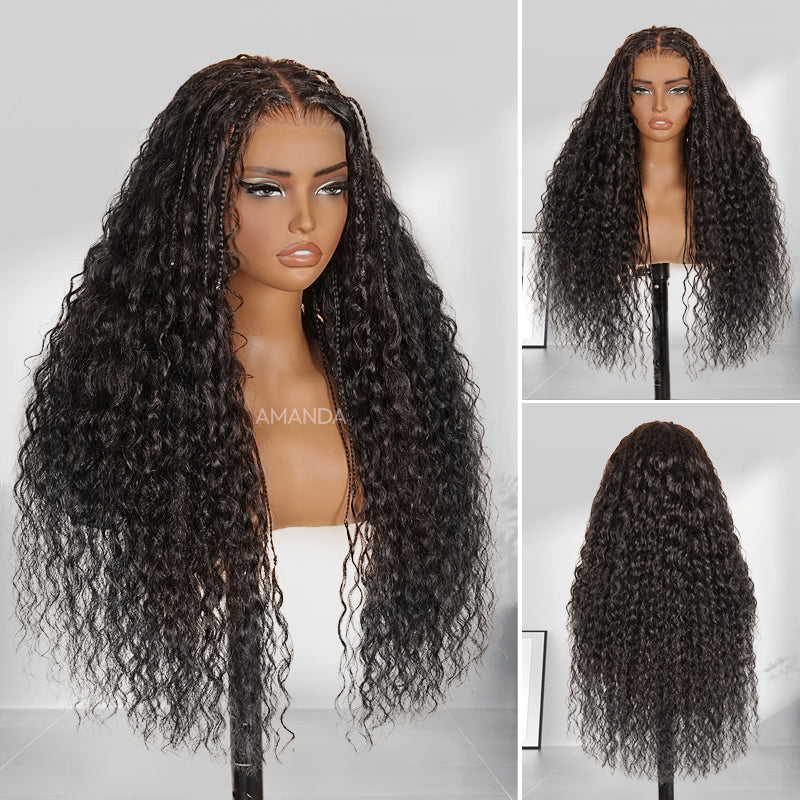 Peluca de cabello humano con rizos sueltos y exquisitos sin pegamento con raya trenzada, cabello humano 100 % negro natural, peluca con frente de encaje transparente y cierre - Amanda Hair