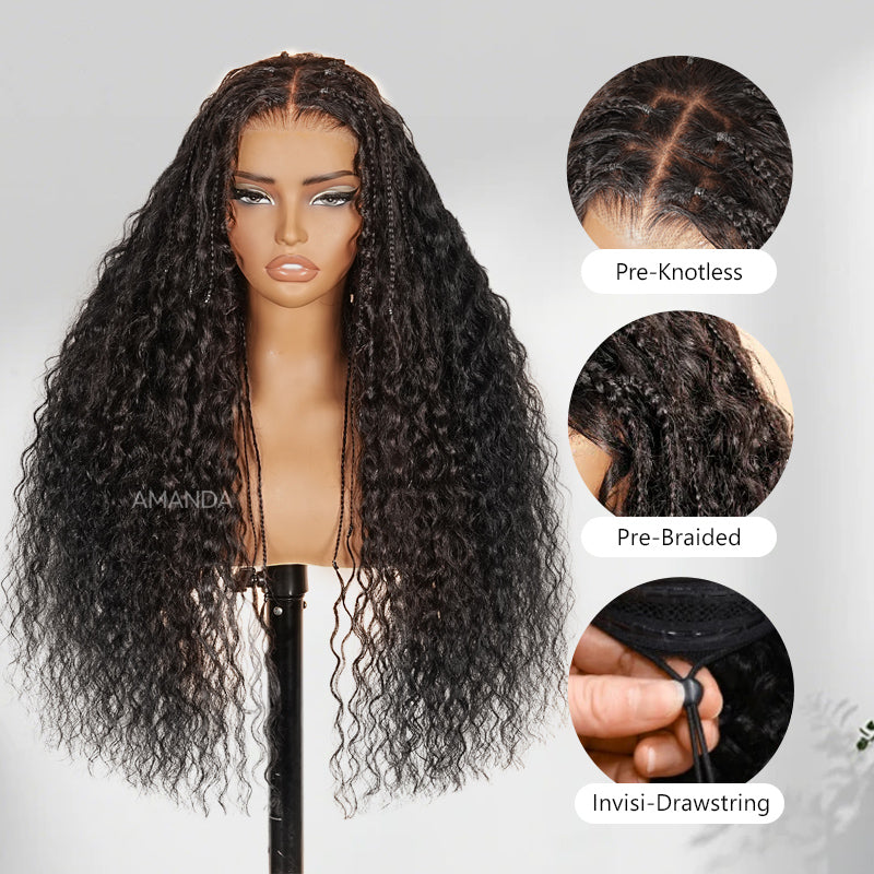 Peluca de cabello humano con rizos sueltos y exquisitos sin pegamento con raya trenzada, cabello humano 100 % negro natural, peluca con frente de encaje transparente y cierre - Amanda Hair