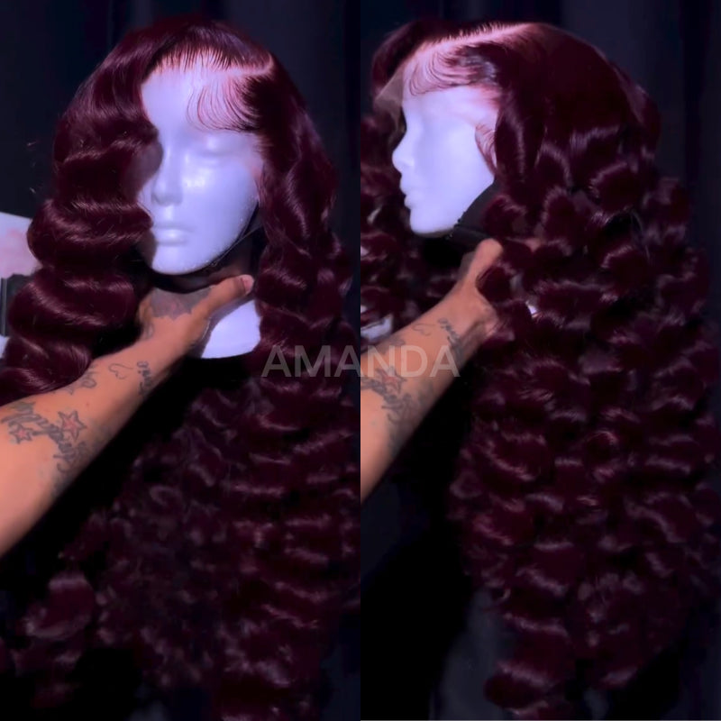 Glueless Dark Purple 13x4 Lace Front 250% Density Cherry Burgundy Invisi Drawstring Human Hair Wigs