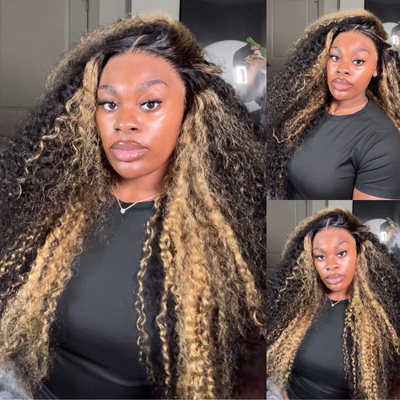 Mechas rubias sin pegamento en una lujosa peluca de ondas profundas y rizadas con encaje frontal - Peluca transparente con encaje frontal y cierre - Amanda Hair