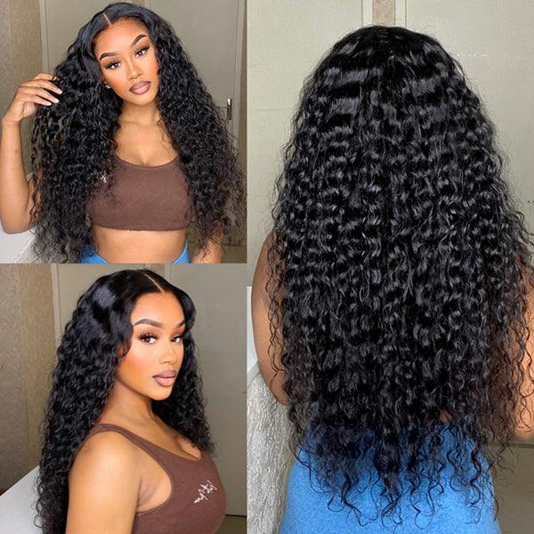 Glueless Water Wave & Curly Natural Black Bouncy 13x4 Lace Frontal Transprent Lace Wig Beginner Friendly