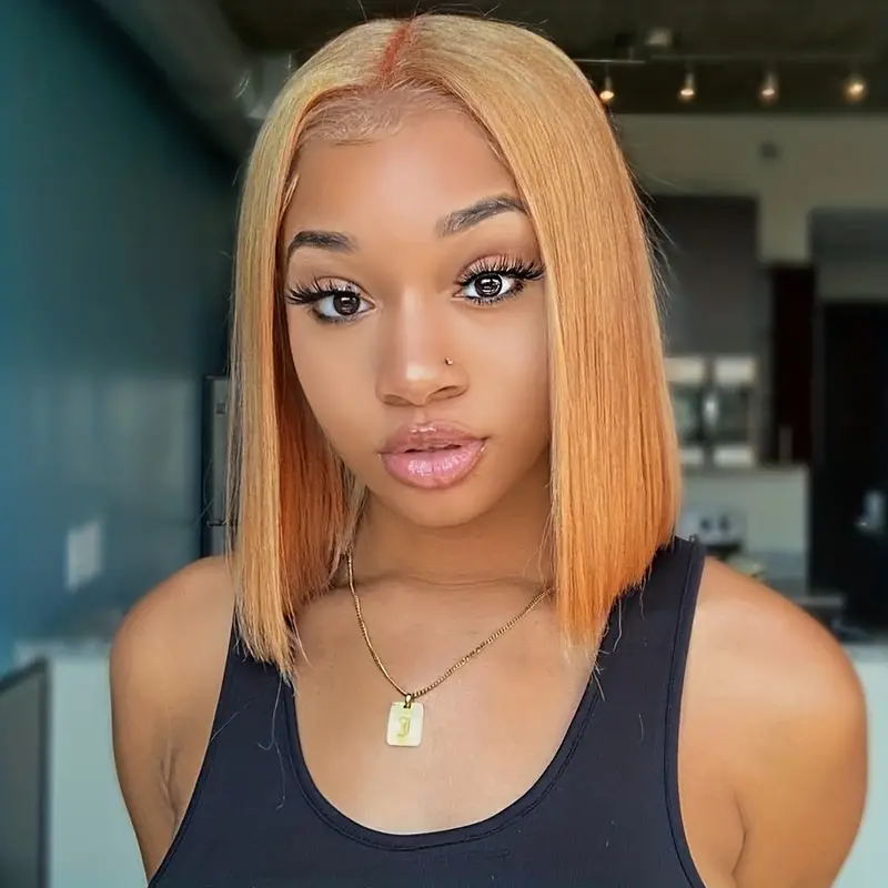 613 # Blonde Brésilienne Droite Court Bob Perruques 150% Densité Transparent Dentelle Frontale Perruque Pré Cueillie Sans Colle Dentelle Perruques-Amanda Cheveux