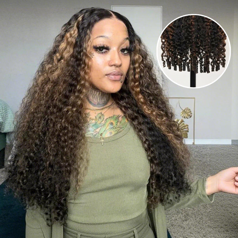 300% Density Burmese Curly Highlight Brown 13x6 Lace Front HD Transparent Lace Glueless Curly Human Hair Wig