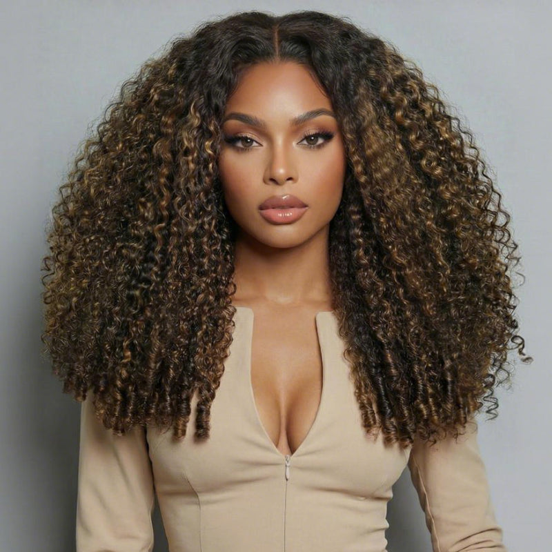 300% Density Burmese Curly Highlight Brown 13x6 Lace Front HD Transparent Lace Glueless Curly Human Hair Wig