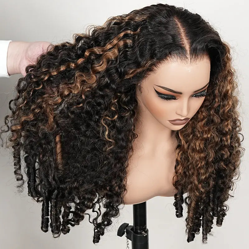 300% Density Burmese Curly Highlight Brown 13x6 Lace Front HD Transparent Lace Glueless Curly Human Hair Wig