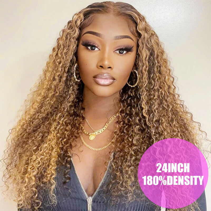 Glueless Honey Blonde Water Wave 13x4 Lace Front Highlighted Color Burmese Curly Put On And Go Human Hair Wig