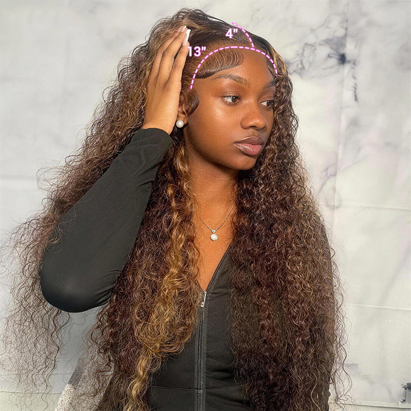 Glueless Honey Blonde Water Wave 13x4 Lace Front Highlighted Color Burmese Curly Put On And Go Human Hair Wig