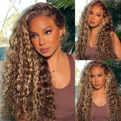Amanda Glueless Honey Blonde Water Wave 13x4 Lace Front Highlighted Color Burmese Curly Put On And Go Human Hair Wig