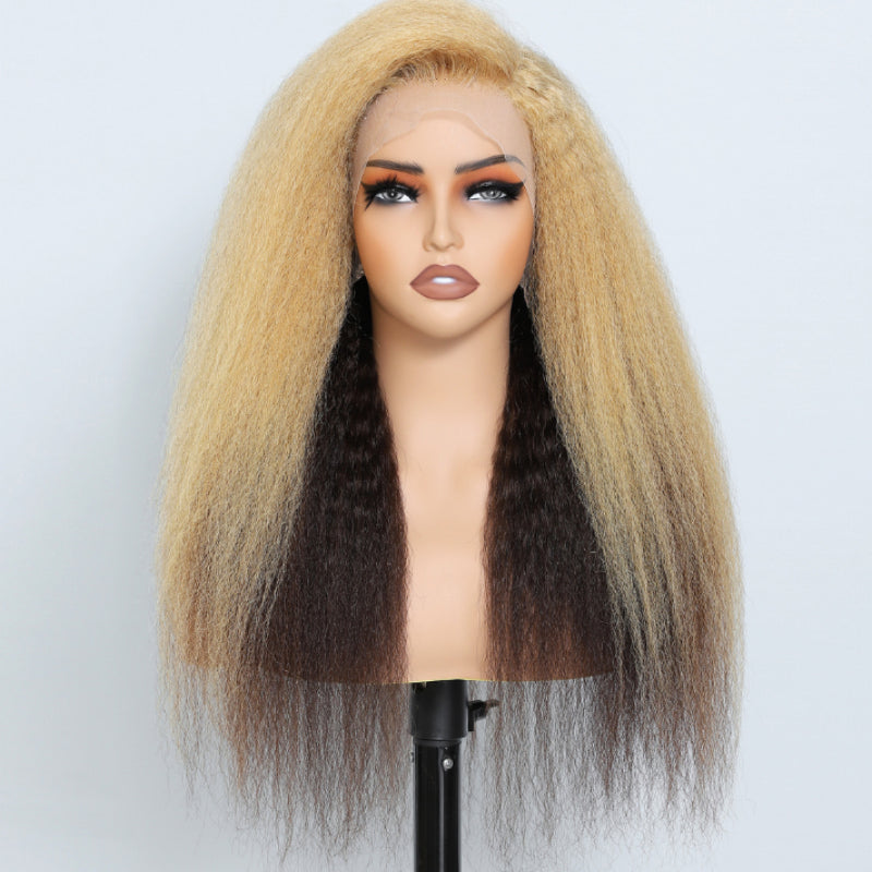 Kinky Straight Reddish Brown / Highlight Brown / Natural Color 13x4 Transparent Lace Front Wigs 100% Human Hair Wigs