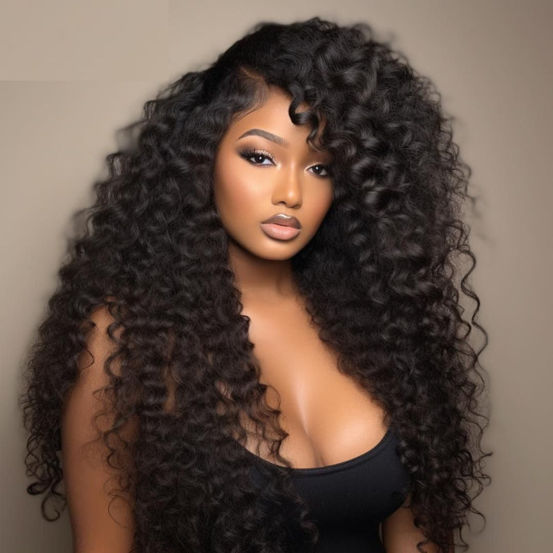 Bouncy Deep Wave Glueless Lace Wig Pre Cut Lace with Natural Hairline Clear Transparent Lace Front/Closure Natural Black Human Hair Wig - Amanda Hair