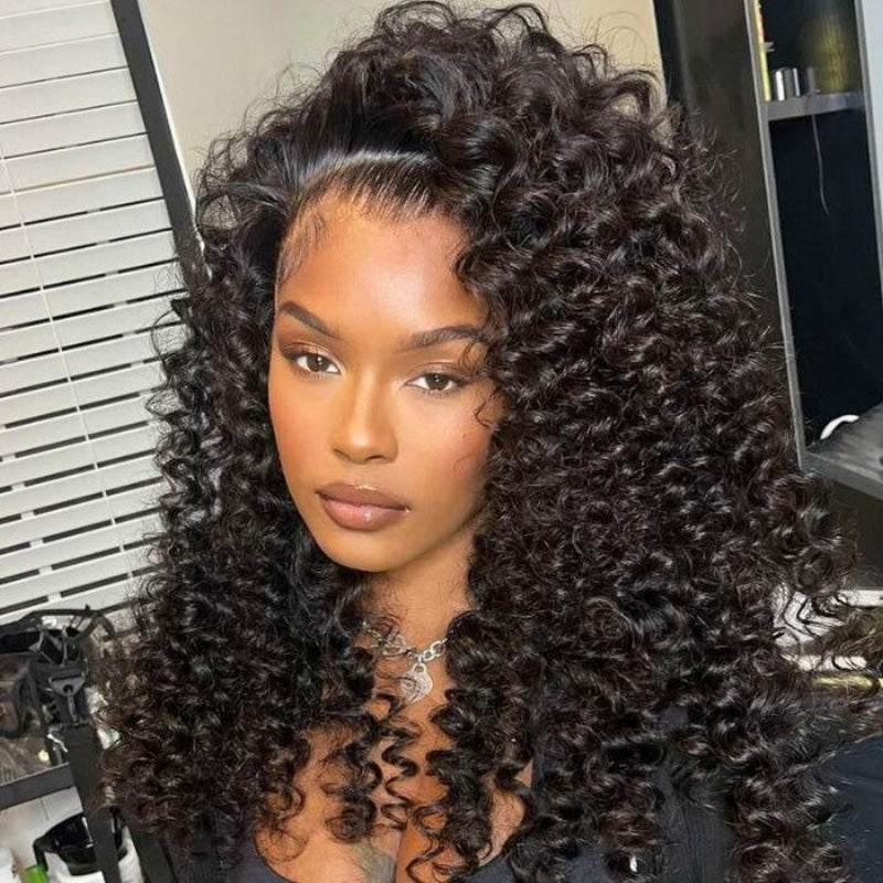 Bouncy Deep Wave Glueless Lace Wig Pre Cut Lace with Natural Hairline Clear Transparent Lace Front/Closure Natural Black Human Hair Wig - Amanda Hair