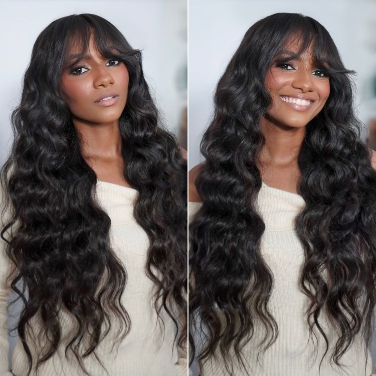 Pelucas frontales de encaje de ondas sueltas sin pegamento con flequillo de cortina Peluca de encaje HD transparente con ondas naturales para mujeres No se necesita código - Amanda Hair 