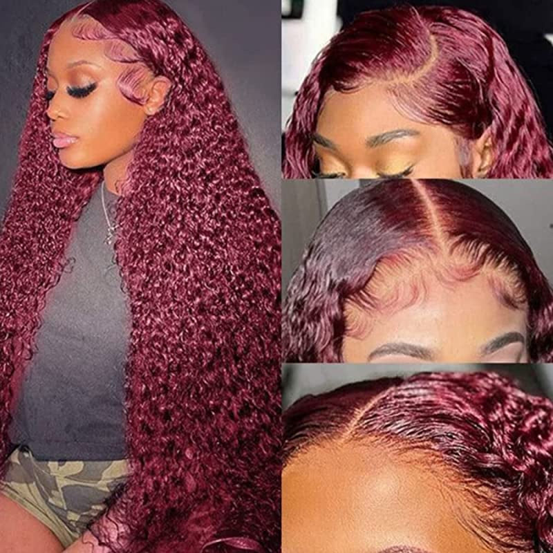 Peluca con malla Frontal Borgoña 99J pelucas de cabello humano rizado de color HD transparente 13X4 peluca con malla Frontal prearrancada peluca de pelo rojo-Amanda Hair