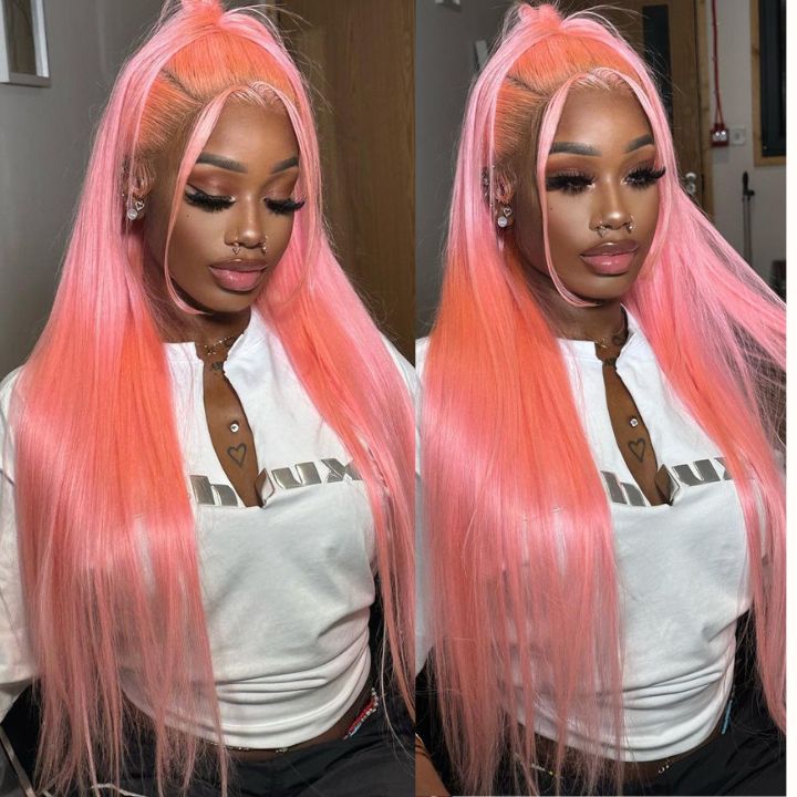 Carnation Pink Straight Lace Frontal/Closure Wigs Clear Transparent  Lace Wigs Pre-plucked with Baby Hair