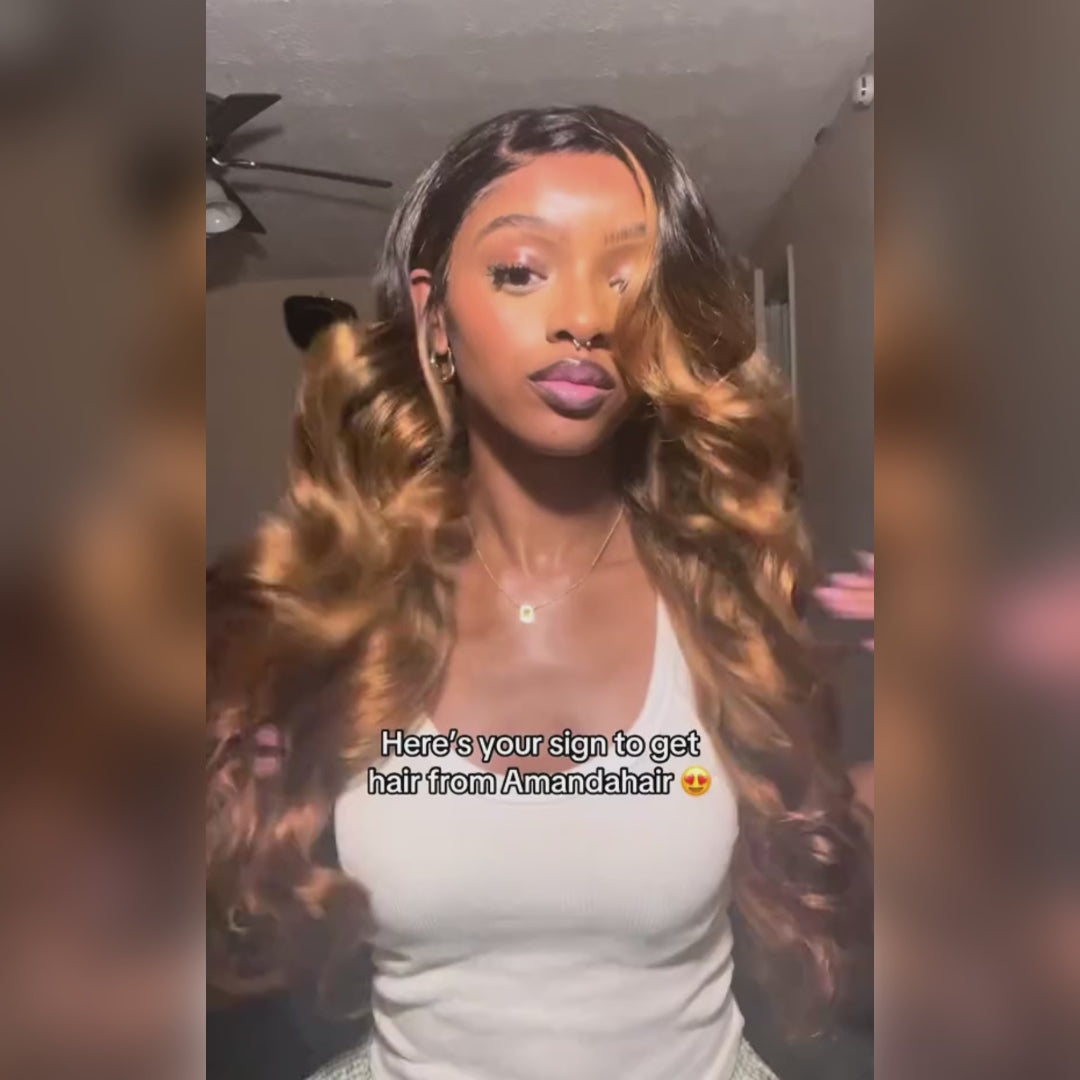 Pelucas de cabello humano con ondas corporales, sin pegamento, con encaje frontal transparente y resaltado rubio mezclado marrón para mujeres - Amanda Hair 