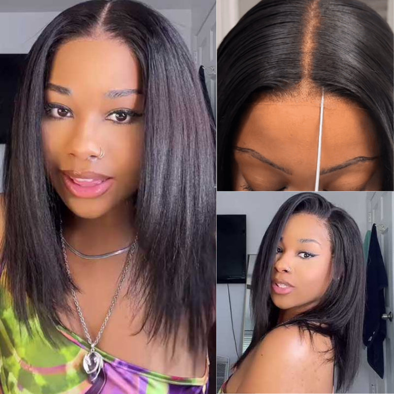 Yaki Straight Short Bob Wig Pre Everything 7x5 / 13x4 Lace Front Wig Put On and Go Glueless Natural Black Flash Sale-Amanda Hair