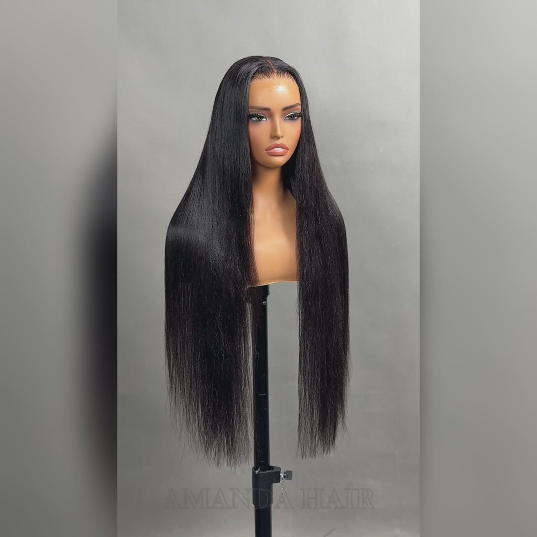 Yaki Straight 7x5 Glueless Lace Natural Black Color Put On and Go Invisi Drawstring Human Hair Wigs- Amanda Hair