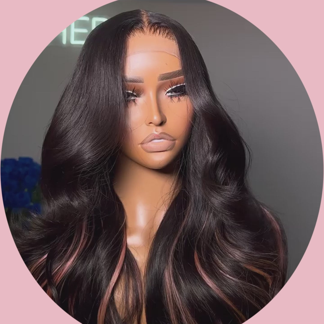 Glueless Long Peekaboo Highlight Pink Colored Wig New Trendy Body Wave 13x4 Lace Front WigsAmanda Hair