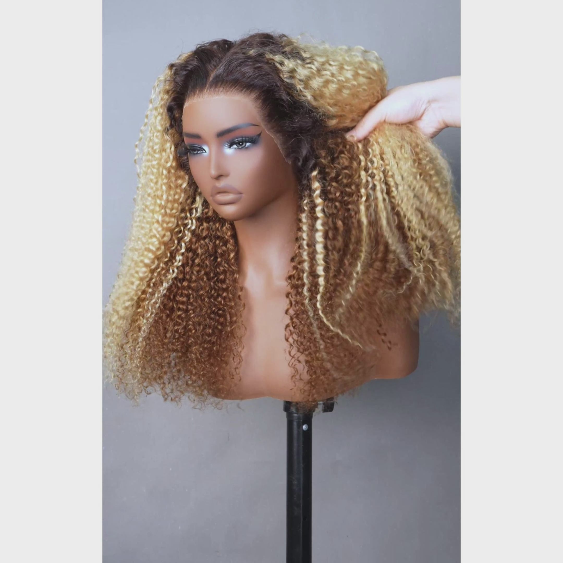 Highlight Color Honey Blonde Curly HD Transparent Full Lace Front Wig With Brown Roots- Amanda Hair