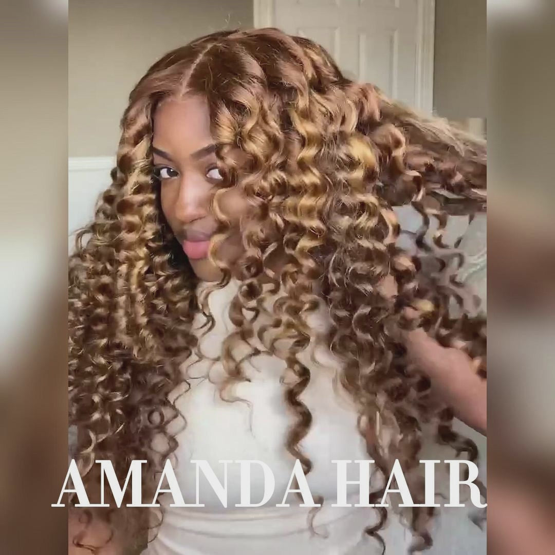 Highlight Honey Blonde Wand Curl Hair 13*4 Lace Front Human Hair Wig Bouncy Loose Curly Transparent Lace Front wigs - Amanda Hair