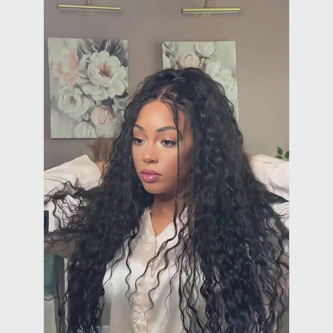 Peluca de cabello humano con rizos sueltos y exquisitos sin pegamento con raya trenzada, cabello humano 100 % negro natural, peluca con frente de encaje transparente y cierre - Amanda Hair