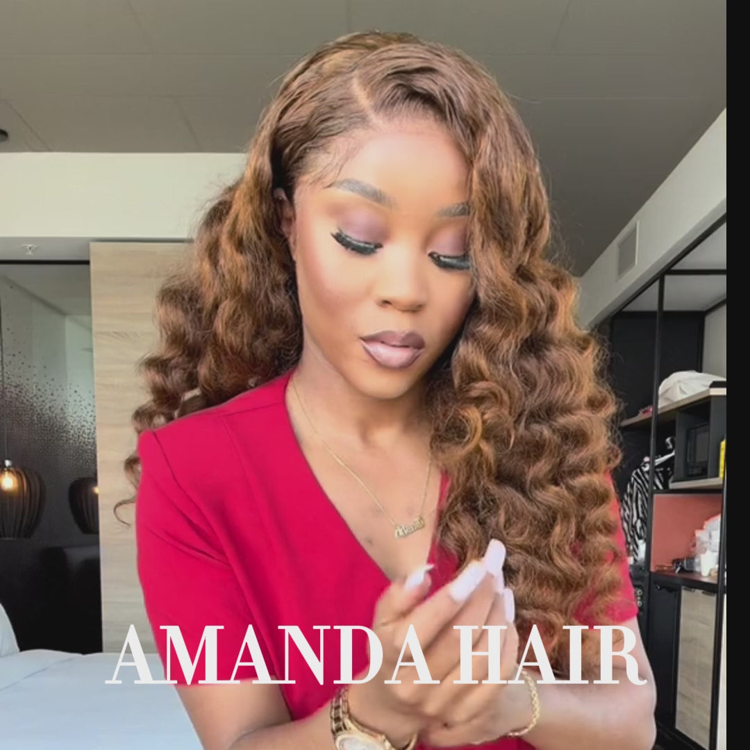 Bouncy Loose  Wand Curl Hair 13*4 Lace Front Human Hair Wig Transparent Highlight Honey Blonde  Brown Wig  - Amanda Hair