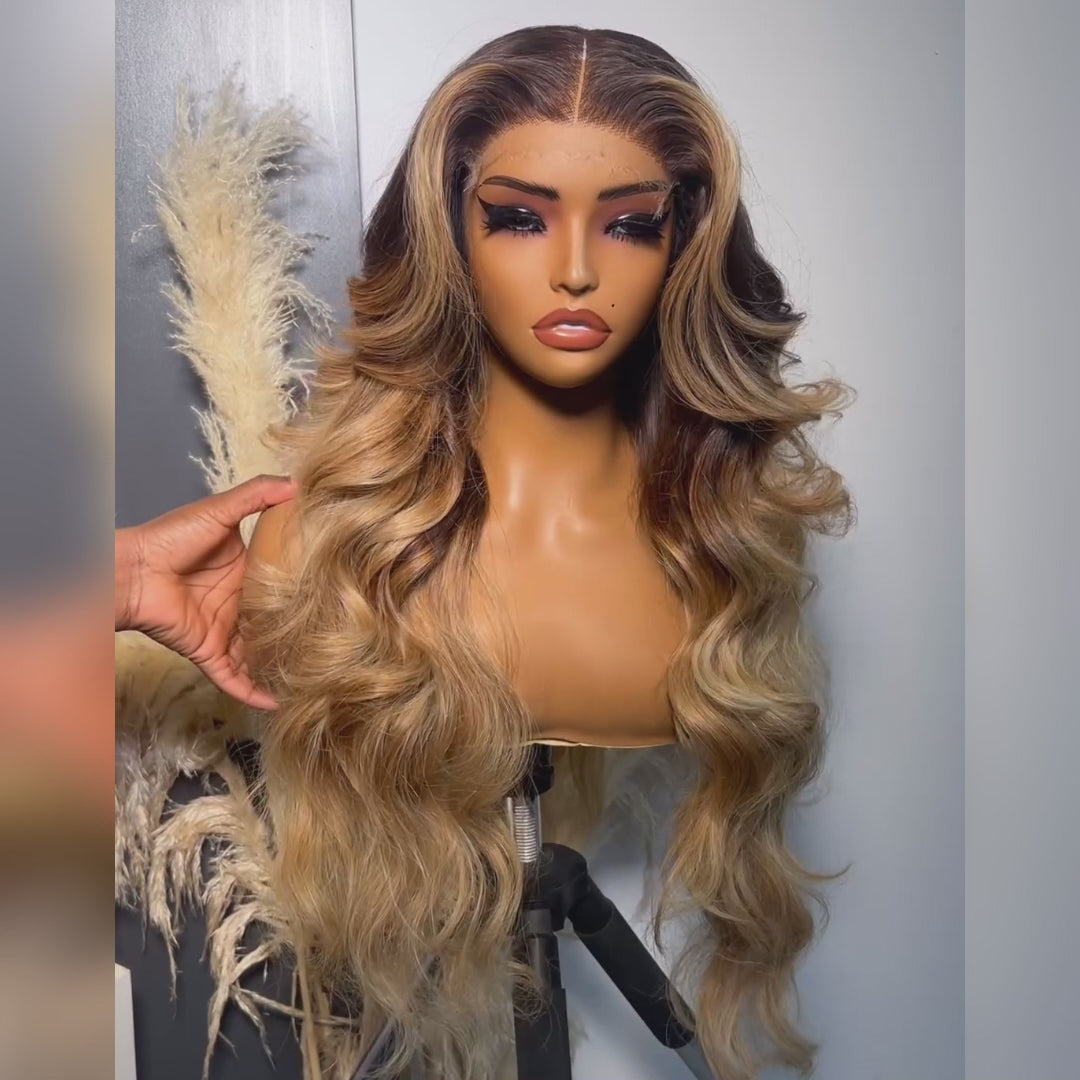 Glueless Dark Root Ombre Honey Blonde Lace Front 3D Body Wave Wig 100% Human Hair - Clear Transparent Lace Front/Closure Human Hair Colored Wig- Amanda Hair