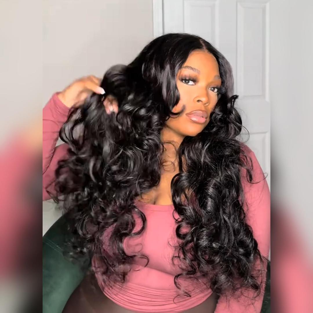 Glueless Loose Wave Lace Front Wigs with Curtain Bangs Clear Transparent HD Lace Nature Wave Wig For Women No Code Needed -Amanda Hair