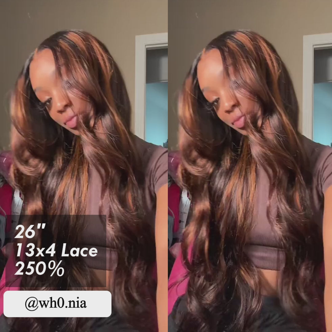 Highlight Brown 6*4/13*4 Lace Loose Wave Wigs with Curtain Bangs Human Hair Undetectable Clear Transparent Lace Wigs