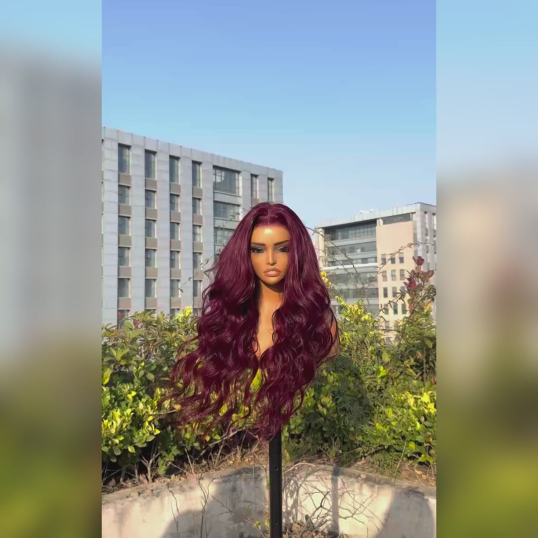 Glueless 7x5 / 13x4 Lace Frontal Wig Dark 99J Burgundy Human Hair Red Colored Body Wave Transparent Pre Plucked Lace Frontal Wigs- Amanda Hair