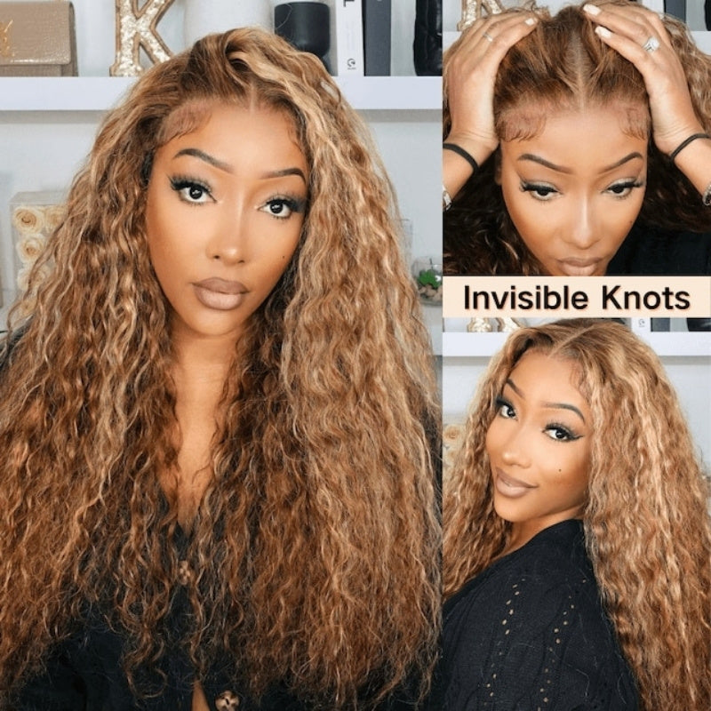 Glueless Honey Blonde Water Wave 13x4/13x6 Lace Front Highlighted Color Put On And Go Human Hair Wig - Amanda Hair