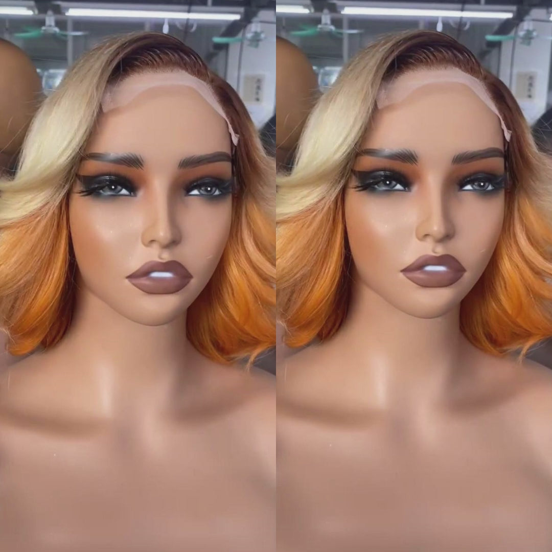 Ombre Brown To 613# Brazilian Short Layer Bob Body Wave Glueless Lace Wigs TransparentStunning Gradient Lace Frontal Wig Pre Plucked Glueless Lace Wigs No Code Needed -Amanda Hair Clearance Flash Sale