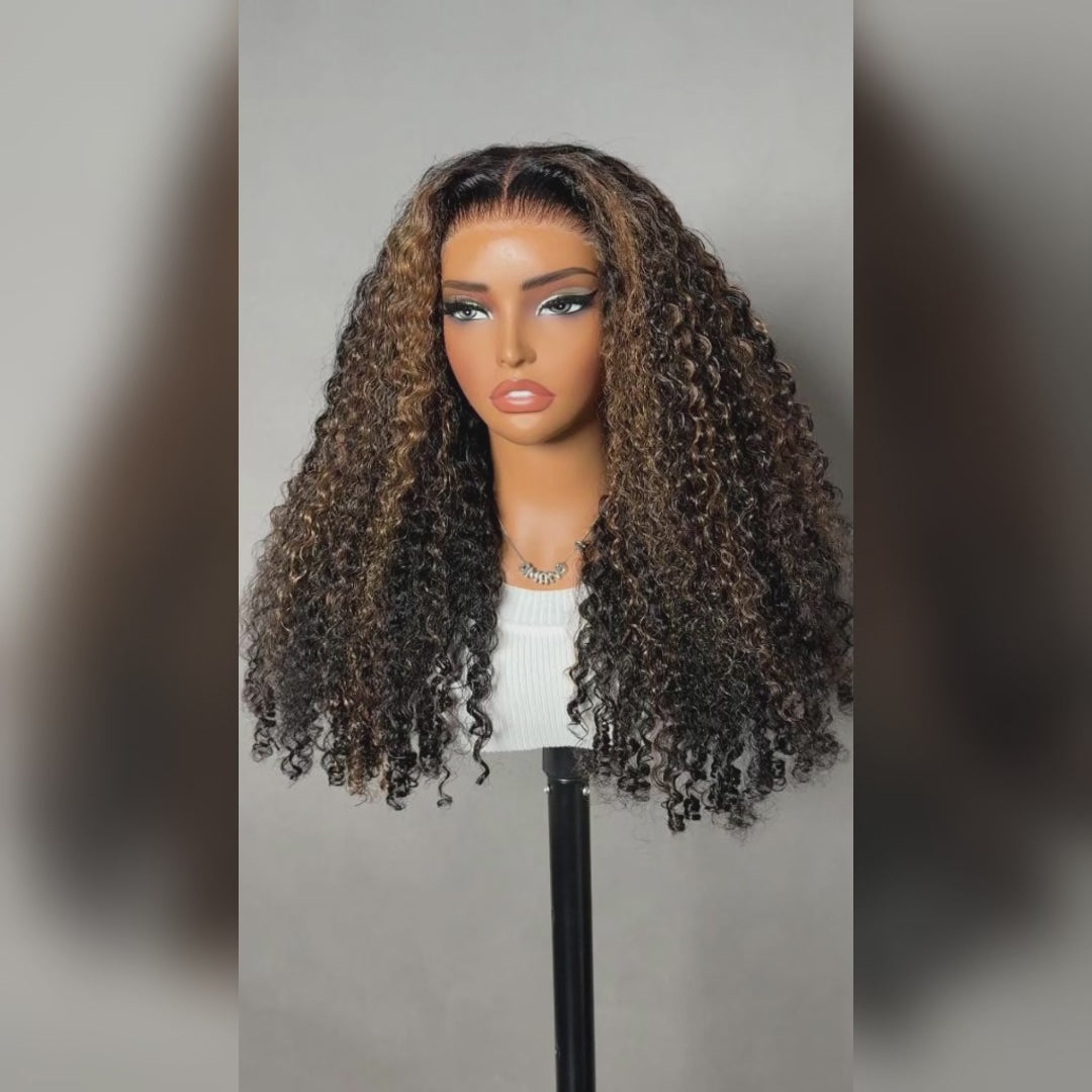 300% Density Brown Highlight Burmese Curly 13x6 Lace Front HD Transparent Lace Glueless Human Hair Wig