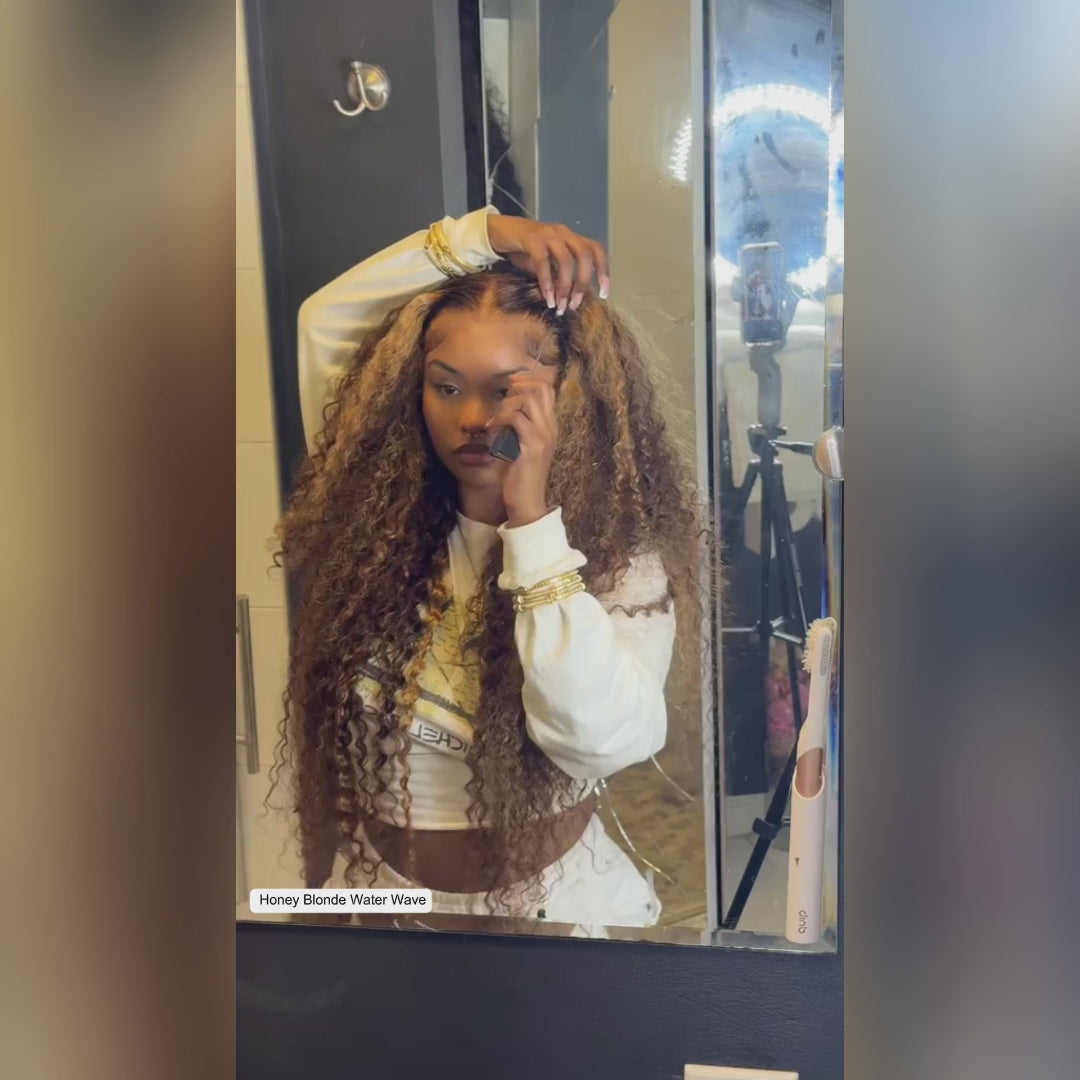 Glueless Honey Blonde Water Wave 13x4 Lace Front Highlighted Color Burmese Curly Put On And Go Human Hair Wig