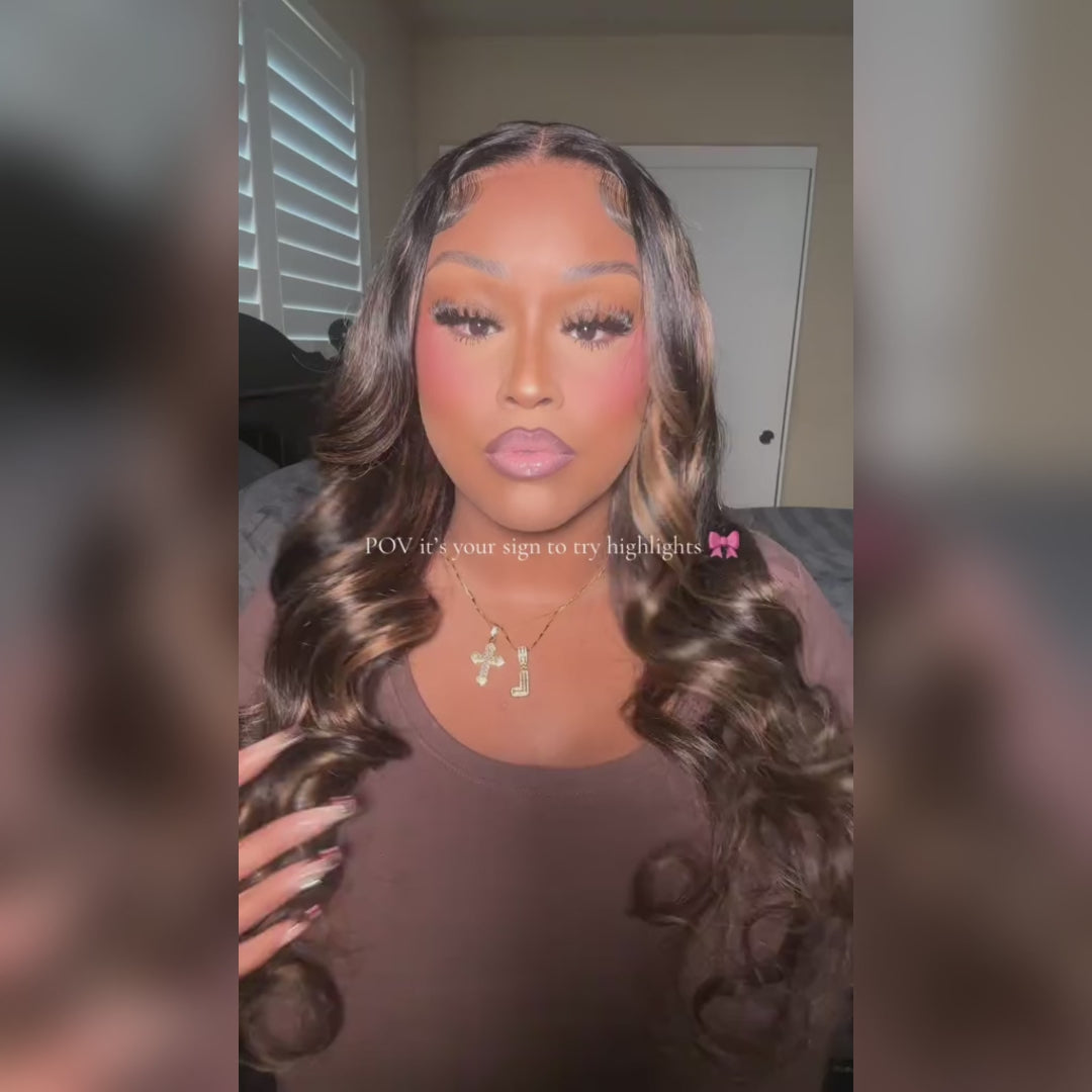 300% Density Glueless 3D Body Wave Highlight Balayage Brown 13x4 Transparent HD Full Lace Put On And Go Human Hair Wig