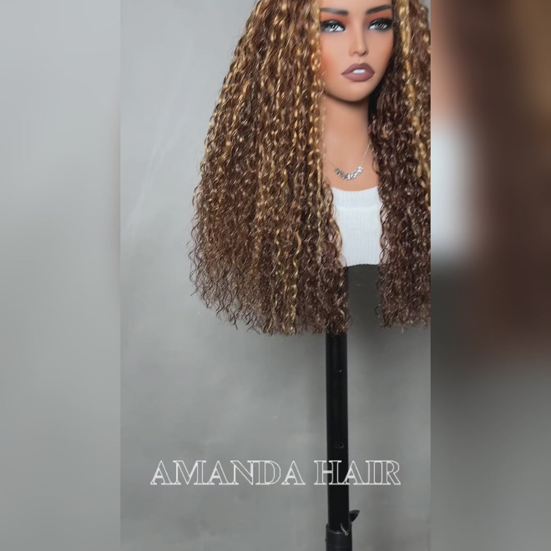 Glueless Honey Blonde Water Wave 13x4 Lace Front Highlighted Color Burmese Curly Put On And Go Human Hair Wig