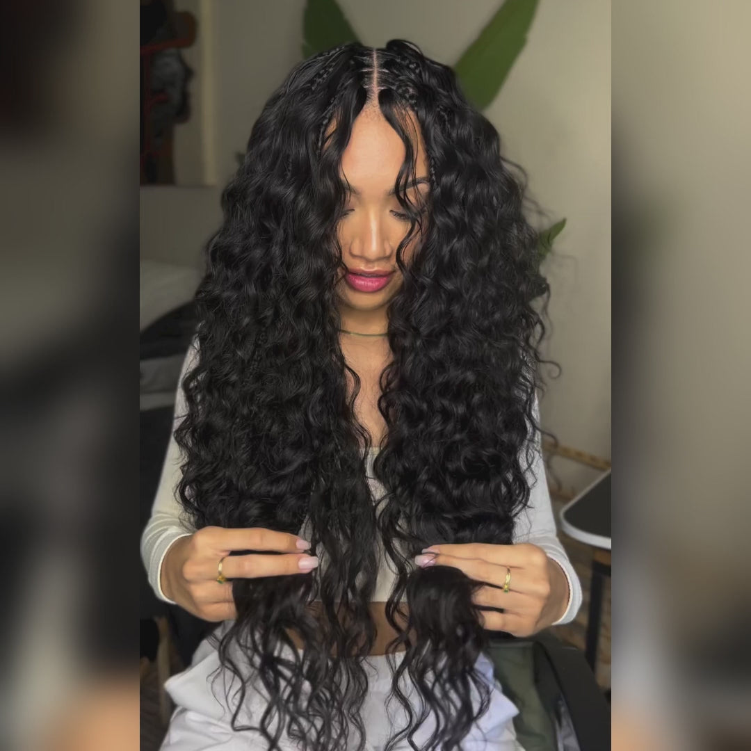 Glueless  Exquisite Long Loose Curls Human Hair Wig with Braided Parting, Natural Black 100% Human Hair - Clear Transparent Lace Front/Closure Wig- Amanda Hair