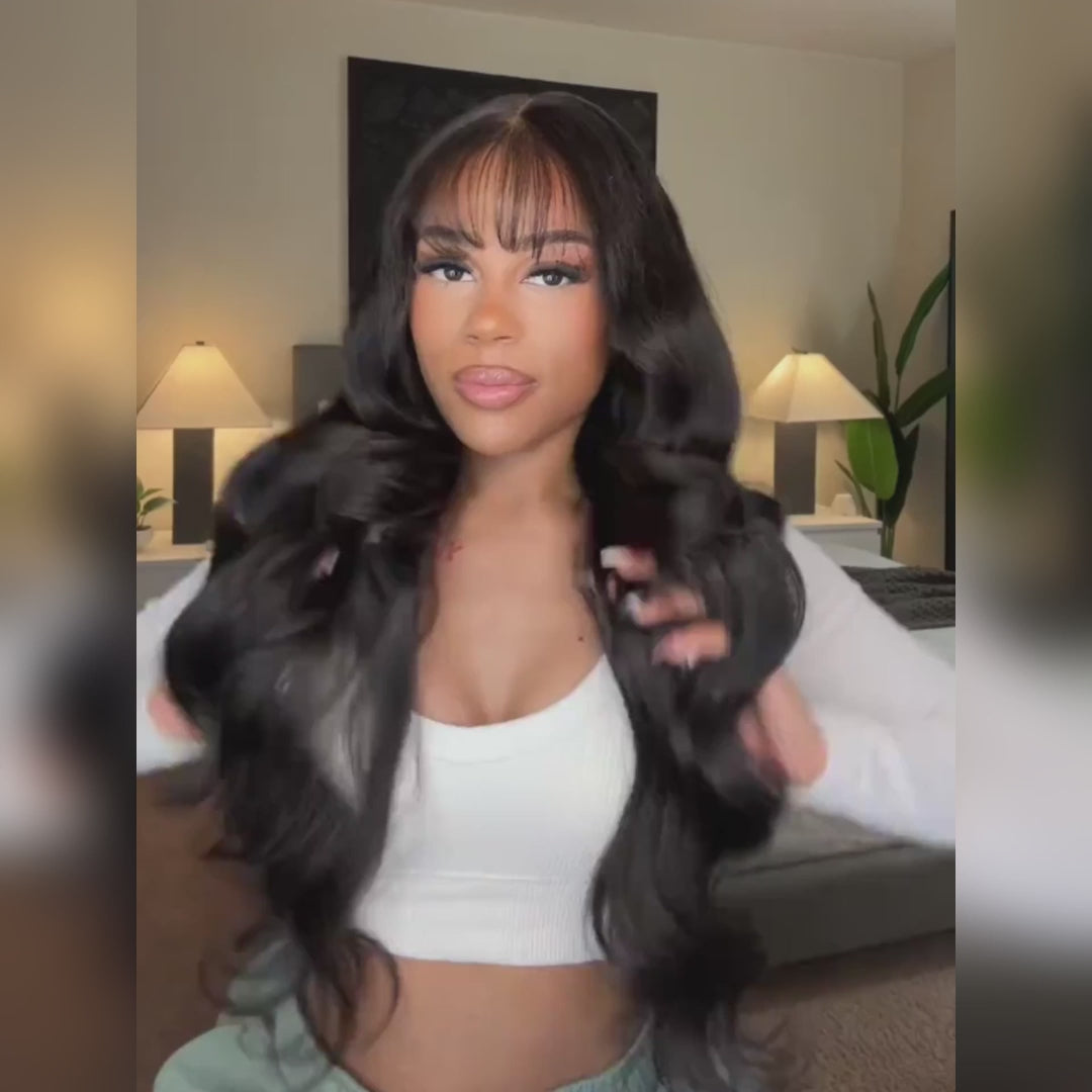 24H Fast Shipping | Loose Wave 13x4 Pre-Everything Lace Frontal Fluffy Wig With Face Framing Curtain Bangs And Invisi-Drawstring Flash Sale