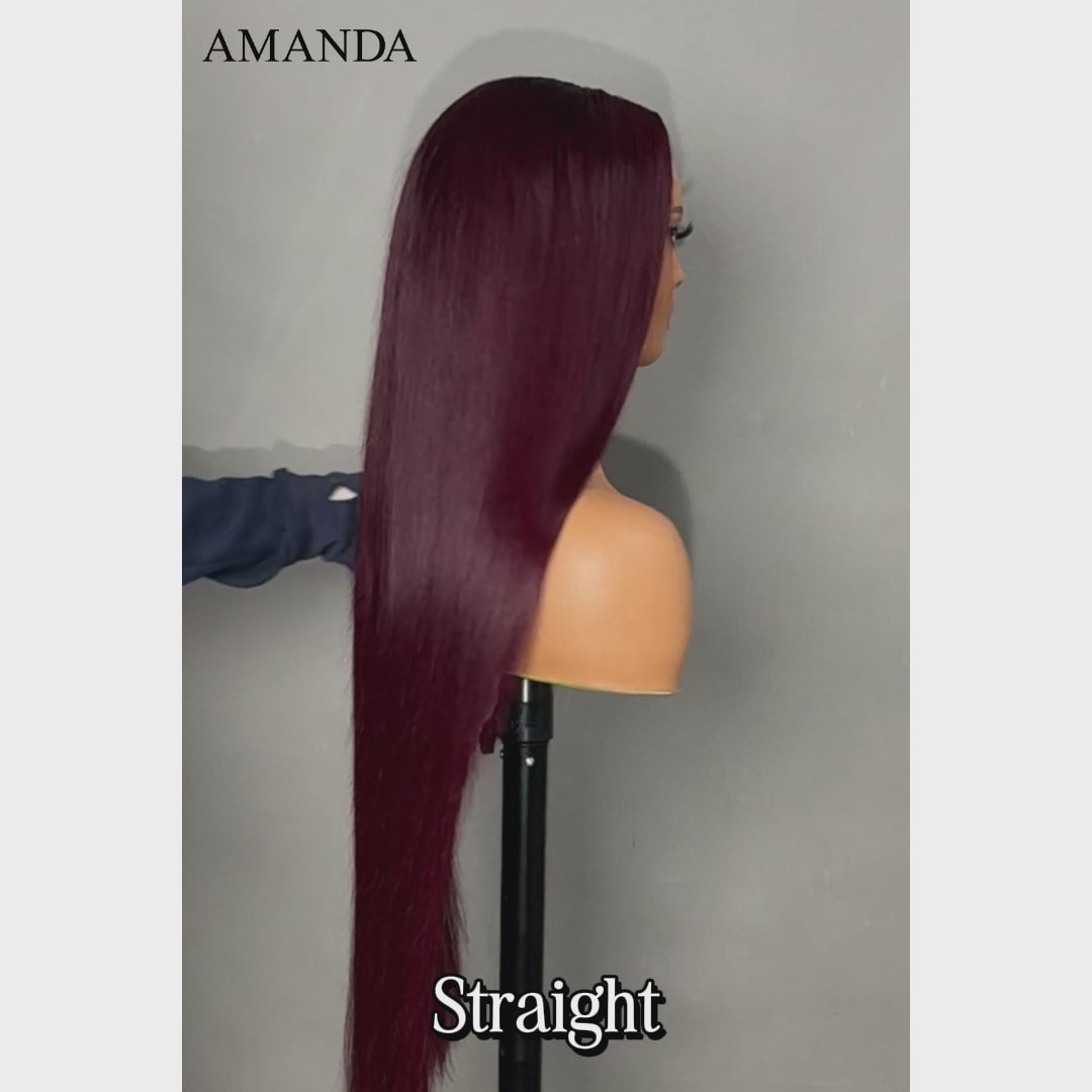 Glueless Dark Purple 13x4 Lace Front 200% Density Double Drawn Cherry Burgundy Invisi Drawstring Human Hair Wigs