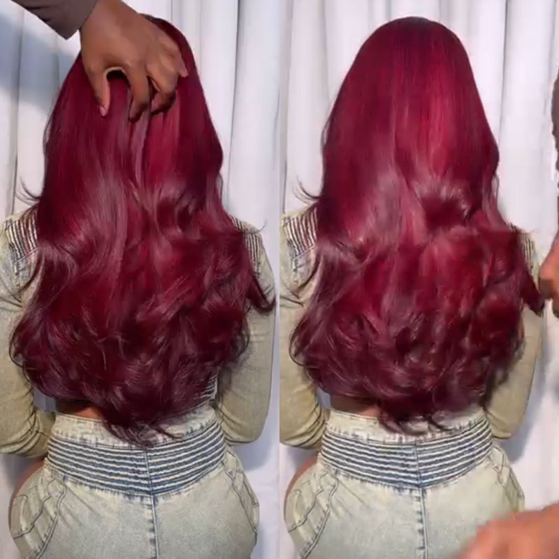 Peluca de cabello humano con encaje frontal sin pegamento de 13 x 4, color burdeos oscuro 99J, ondulado, transparente, prearrancado, pelucas de cabello humano con encaje frontal - Amanda Hair