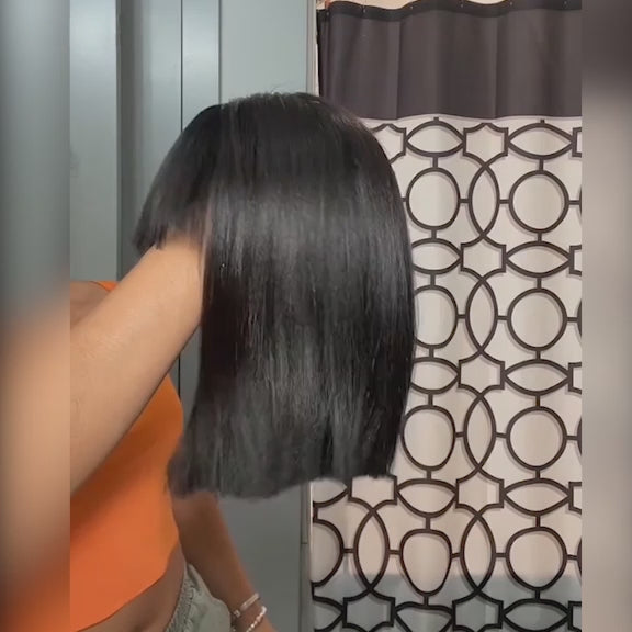 Yaki Straight Short Bob Wig With Bangs 2x4 Lace Wig Wear Go Glueless Black Flash Sale-Amanda Hair