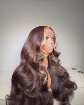 Glueless  Brown Blonde Combo Raw Hair Body Wave Highlight Honey Blonde Lace Front Wig 100% Human Hair - Clear Transparent Lace Front/Closure Human Hair Colored Wig- Amanda Hair