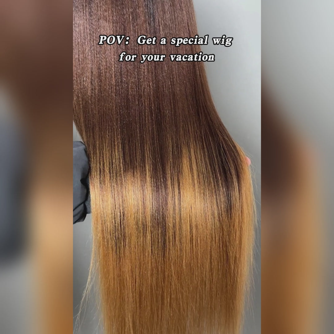 Luxury Yaki Straight 200% Density Dark Brown to Honey Blonde Ombre Color Glueless Human Hair Wig - Amanda Hair