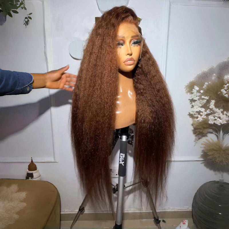 Kinky Straight Reddish Brown / Highlight Brown / Natural Color 13x4 Transparent Lace Front Wigs 100% Human Hair Wigs