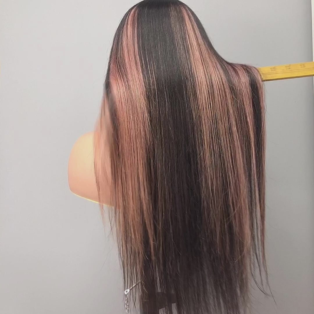 Long Highlight Pink Peekaboo Straight Human Hair Glueless Lace Front Wigs Spuer Cute Color Wig- Amanda Hair
