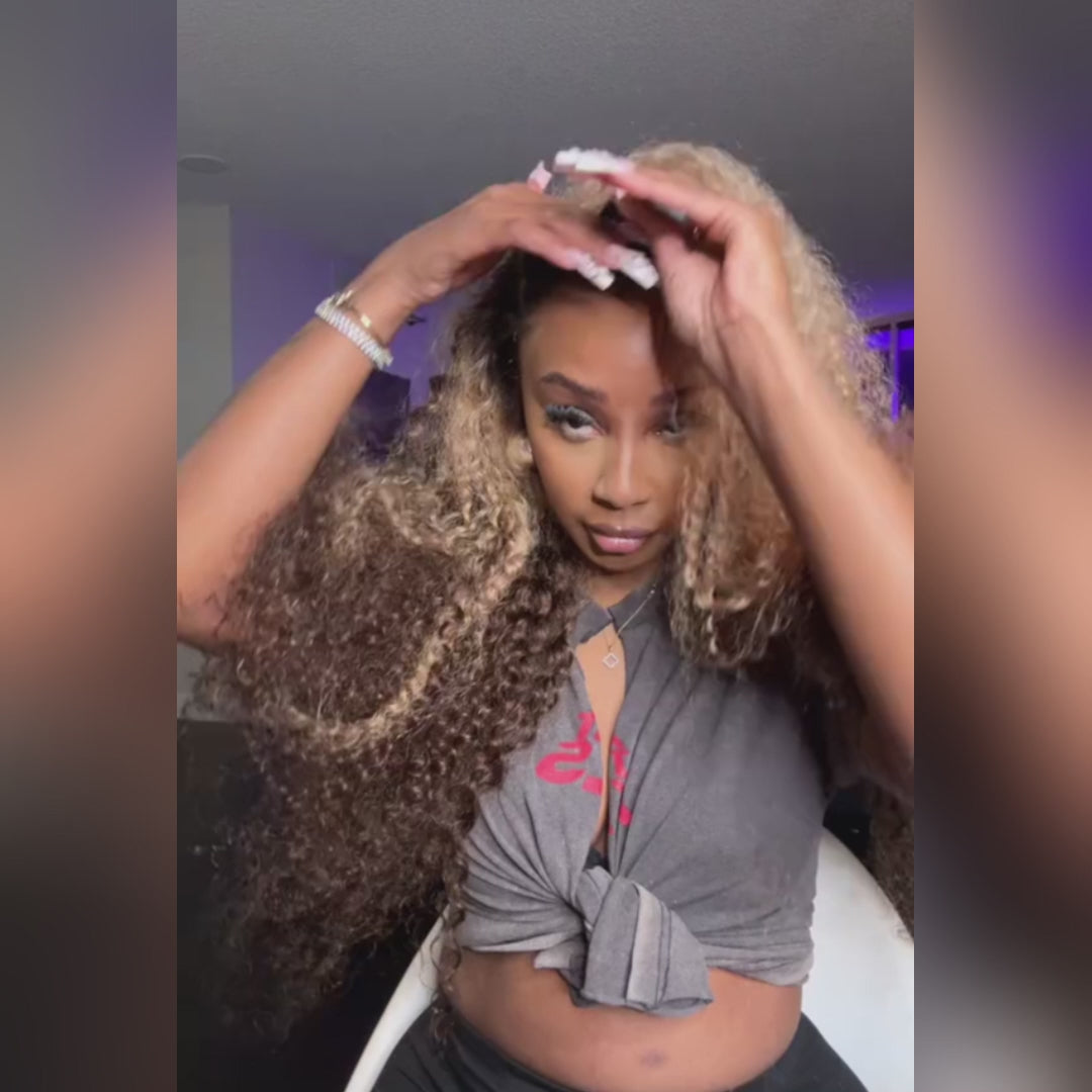 Highlight Color Honey Blonde Curly HD Transparent Lace Front/Closure Wig With Brown Roots- Amanda Hair