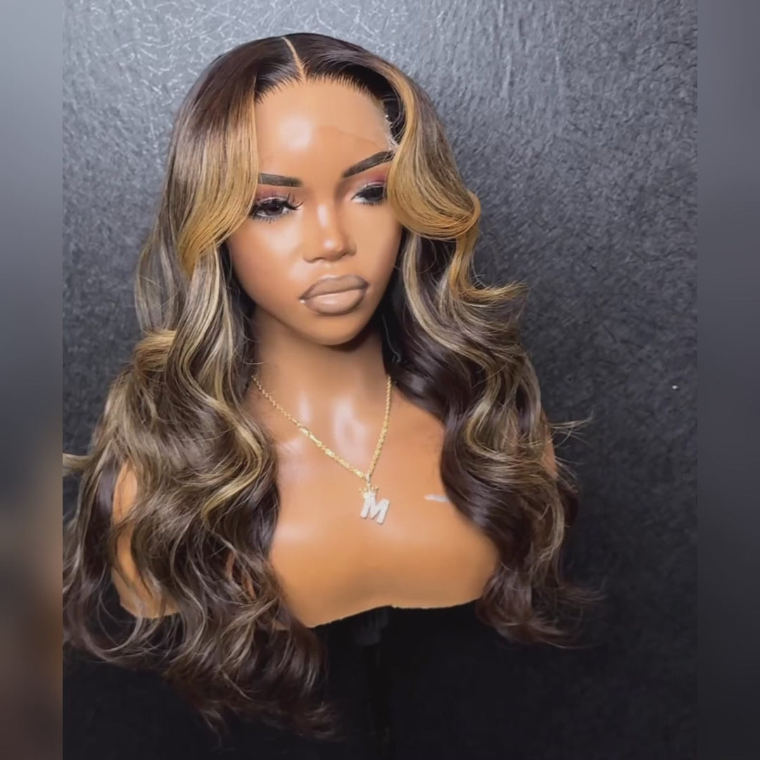 Glueless Highlight Honey Blonde Colored Body Wave HD 7x5 Lace Closure Wig Transparent 13x4 Lace Front Human Hair Wigs Pre Plucked  Wave Human Hair Wigs for Women