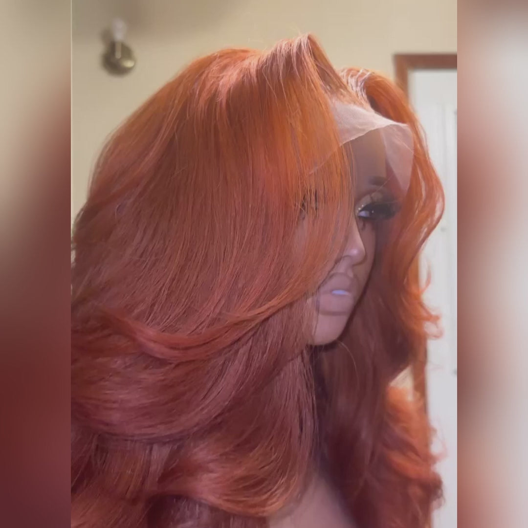 Burnt Orange Body Wave And Straight 13x4 Lace Front Straight Butterfly Haircut Ginger Wig Layered Hair - Amanda Hairs