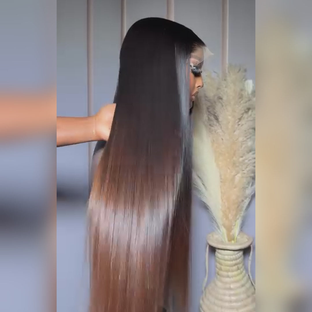 Peluca de cabello humano 100 % liso con frente de encaje, color marrón ombré y raíces oscuras sin pegamento - Peluca de cabello humano transparente con frente de encaje y cierre - Amanda Hair